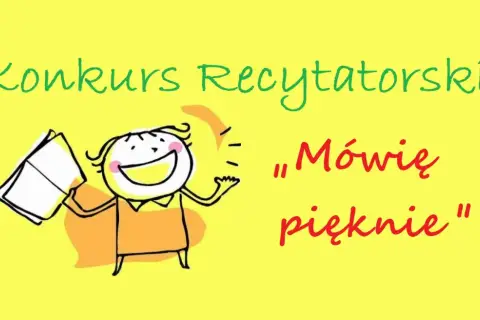 Radosny rysunek dziecka z książką zapowiada konkurs recytatorski dla dzieci "Mówię pięknie".