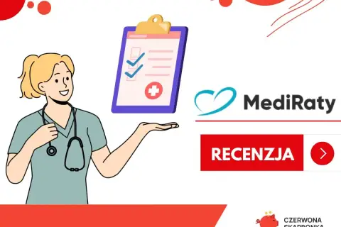 Pielęgniarka prezentuje listę zadań obok logo MediRaty. Sprawdź pozytywne mediraty opinie i dowiedz się więcej.