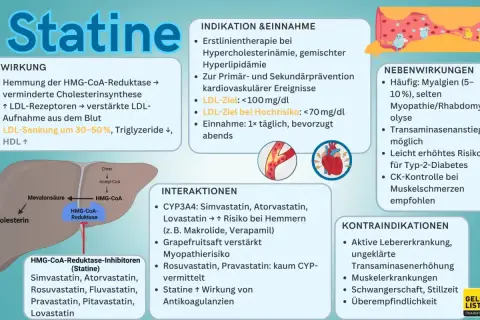 Statine senken Cholesterin durch Hemmung der HMG-CoA-Reduktase. Pravastatin ist ein Beispiel für diese Medikamentenklasse.