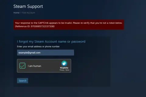 Strona Steam Support, gdzie można odzyskać konto. Wpisz email, zaznacz "Jestem człowiekiem", by dowiedzieć się, jak skontaktować się z steam support.