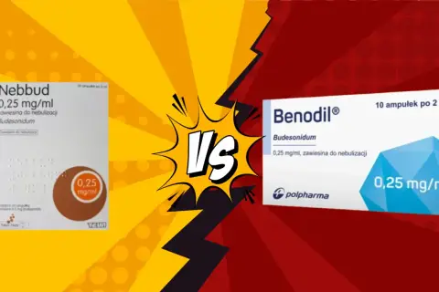 Dwie paczki leku z budezonidem: Nebbud i Benodil, z symbolem "VS" pośrodku.