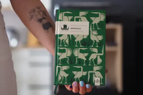 Zielona okładka książki "Mokradła" Marii Turtshaninoff, z ptakami i roślinami, symbolizuje mrok i naturę, przyczyny sukcesu literatury skandynawskiej w Polsce.