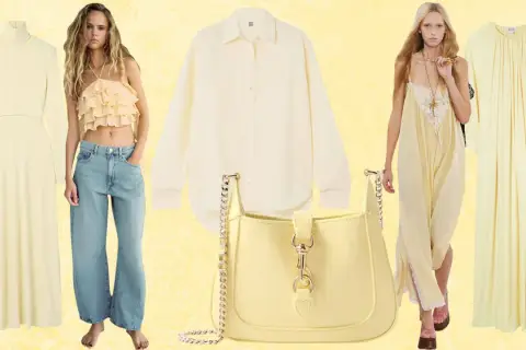 Un desfile de moda con vestidos largos, un top con volantes, jeans anchos, camisa y bolso, todos en tonos de amarillo.