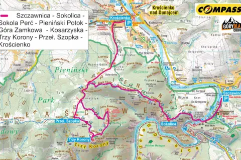 Mapa Pienin z zaznaczoną trasą Szczawnica-Sokolica-Trzy Korony, najłagodniejsza trasa na trzy korony.