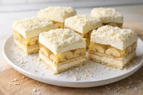 Pyszna krajanka bananowa z kremem i galaretką, posypana wiórkami białej czekolady.