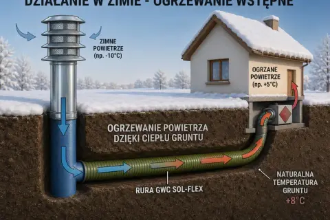 Gruntowy wymiennik ciepła ogrzewa zimne powietrze (-10°C) do +5°C, wykorzystując ciepło gruntu (+8°C) przez rurę GWC SOL-FLEX.