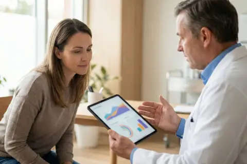 Lekarz omawia z pacjentką wyniki cytologii na tablecie, pokazując wykresy.