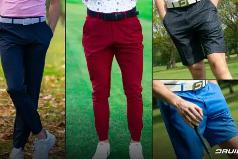 Mężczyzna w czerwonych spodenkach męskich na polu golfowym. Obok prezentowane są też granatowe spodnie i niebieskie szorty.