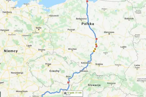 Trasa wycieczki objazdowej Włochy 10 dni: z Gdyni przez Polskę, Czechy, Słowację do Hallstatt w Austrii. 1186 km.