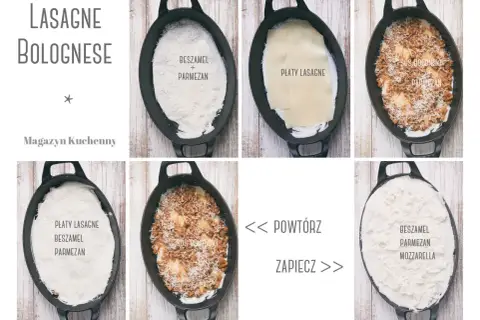 Kolejne warstwy lasagne: beszamel, parmezan, płaty lasagne, sos boloński. Powtórz i zapiecz.