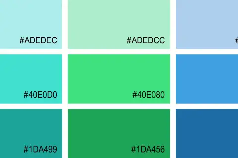 Farbpalette mit verschiedenen Türkistönen und Blau. Diese Farben können eine beruhigende Wirkung auf die Psyche haben.