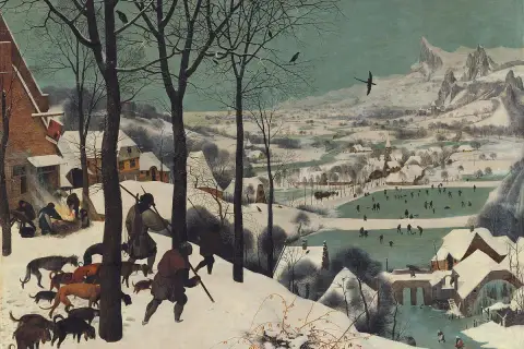 The hunters in the snow return to a village, their dogs leading the way. A frozen pond bustles with skaters in the distance.