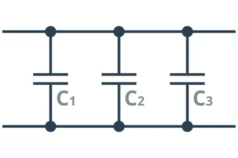 Schemat obwodu elektrycznego z trzema kondensatorami C1, C2, C3 połączonymi równolegle.