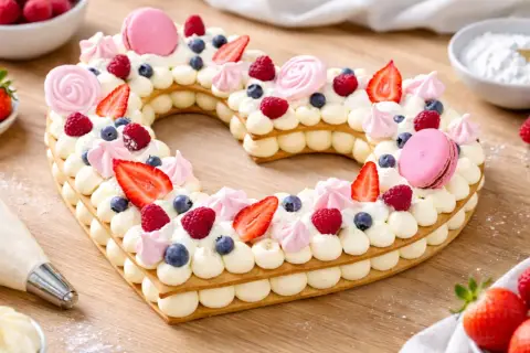 Un magnifique number cake licorne en forme de cœur, garni de fruits rouges, de macarons roses et de crème onctueuse.