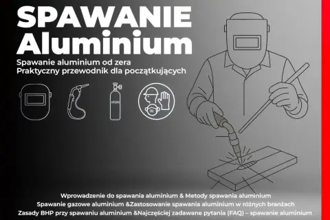 Ilustracja pokazuje, czym spawać aluminium: spawacz w masce spawa metal. Obok ikony maski, palnika, butli z argonem i znaku BHP.