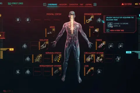 Interfejs Cyberware w grze, pokazujący możliwości ulepszeń postaci. Modyfikacje w Cyberpunk 2077 pozwalają na rozbudowę ciała.