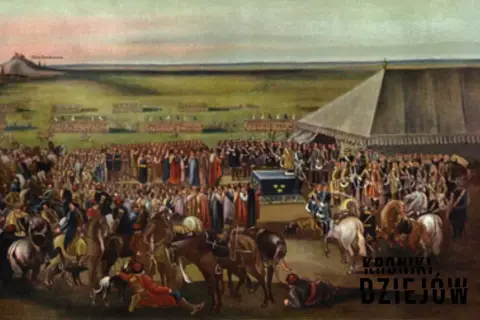 Wielka uroczystość na otwartym polu, tłumy ludzi i koni, namioty i wojsko w tle. Scena jak z epoki potopu, pełna historycznego rozmachu.