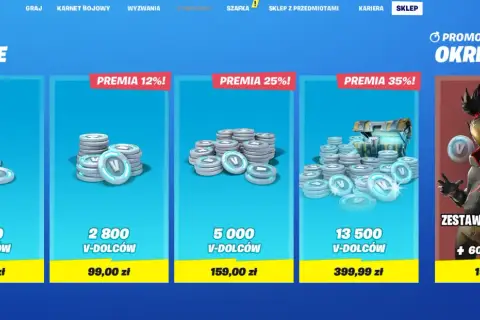 Kup V-dolce w Fortnite, aby zdobyć przedmioty kosmetyczne. Dostępne pakiety z premią, np. 13500 V-dolców z bonusem 35%.