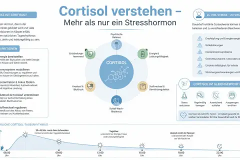 Infografika o kortyzolu: jego funkcje, wpływ stresu i jak utrzymać go w równowadze. Badanie poziomu kortyzolu jest kluczowe.