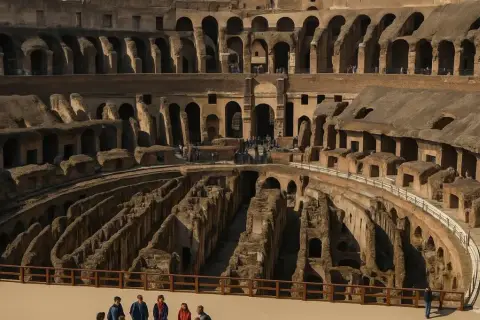 Vue intérieure du Colisée à Roma, vestiges antiques et touristes explorant ce site historique.
