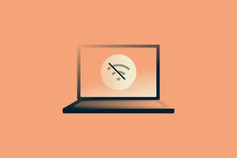 Laptop z symbolem braku połączenia Wi-Fi. Dowiedz się, jak zmienić hasło Wi-Fi w routerze Orange, aby odzyskać dostęp do sieci.