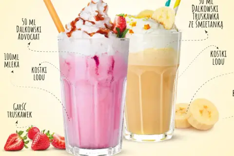 Dwa pyszne drinki: jeden truskawkowy, drugi bananowy. Oba z dodatkiem Dalkowski Advocaat i bitej śmietany.