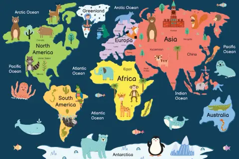 Ilustracja pokazuje, ile kontynentów jest na świecie: Amerykę Północną, Południową, Europę, Afrykę, Azję, Australię i Antarktydę.