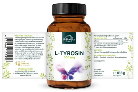 Flasche mit L-Tyrosin 650 mg Kapseln von Unimedica. Enthält L-Tyrosin für Ihre Gesundheit.