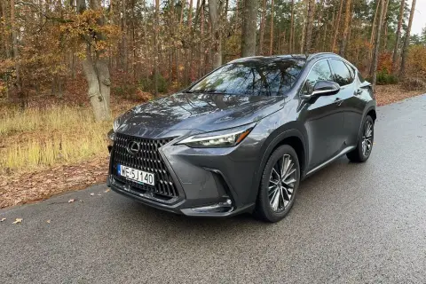 Ciemnoszary Lexus NX450h+ na mokrej drodze w jesiennym lesie.