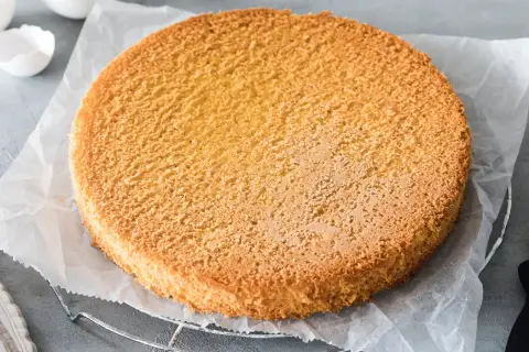 Ein goldbrauner Biskuitboden, perfekt für jedes Biskuitteig Rezept in der Springform. Die Eierschalen im Hintergrund deuten auf die Zubereitung hin.