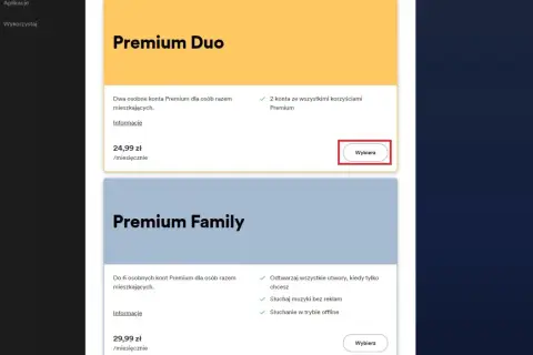 Spotify cena: Premium Duo za 24,99 zł/mies. dla dwóch osób, Premium Family za 29,99 zł/mies. dla sześciu.