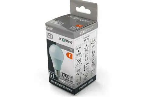 Opakowanie żarówki LED 12W, która daje 1200 lumenów. Pytanie "15w led ile to wat" jest tu nieaktualne, bo to 12W.