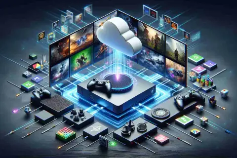 Konsola Xbox i kontrolery otoczone ekranami z grami, symbolizujące **xbox granie w chmurze**. Chmura wysyła strumień danych do konsoli.