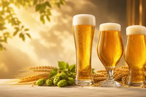 Trois verres de bière dorée, mousseuse, entourés d'épis de blé et de houblon. Les ingrédients de la base de la bière, baignés d'une lumière chaude.