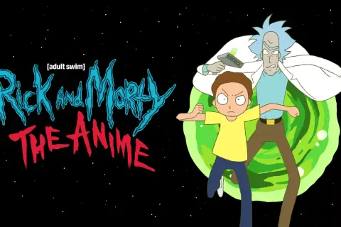 Rick i Morty The Anime: Rick z pistoletem i Morty z gniewną miną przed zielonym portalem na tle kosmosu.