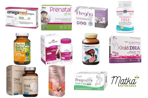 Suplementy diety z DHA dla kobiet w ciąży: Pregna DHA, Gold DHA, Prenatal DHA, Symvital DHA, Omegamed pregna, Baby & Me 2, Prenacaps DHA, Equazen mumomega, Pregnalife DHA z alg.