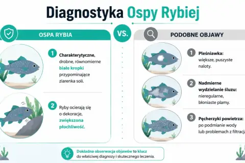 Ilustracja porównuje objawy ospy rybiej (drobne białe kropki, ocieranie się ryb) z podobnymi symptomami (pleśniawka, nadmiar śluzu), kluczowe dla ichtiologii.