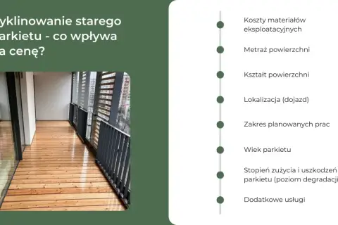Cyklinowanie starego parkietu - co wpływa na cenę? Lista czynników: koszty materiałów, metraż, kształt, lokalizacja, zakres prac, wiek i stan parkietu.