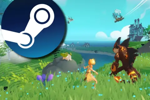 Logo Steam na tle kolorowej gry z postaciami przypominającymi pokemony, w tym walczący potwór i dziewczyna.