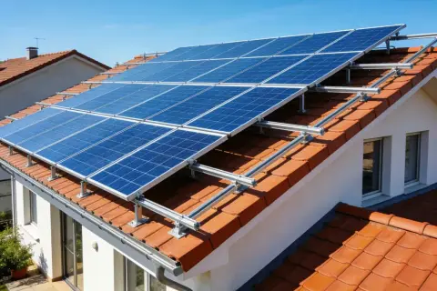 Panele słoneczne na dachu domu, zapewniające energię off grid.