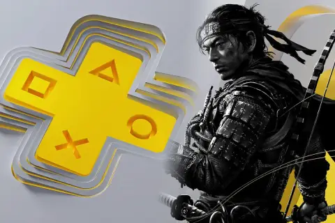 Samuraj z łukiem obok żółtego logo PlayStation Plus Premium.