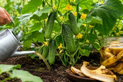 Podlewam ogórki wodą z banana, naturalnym nawozem, który zapewni im obfite plony.