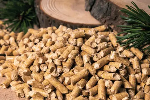 Gros tas de granulés de bois, parfaits pour la consommation pellet maison 80m2. Des branches de pin et des rondins de bois en arrière-plan.
