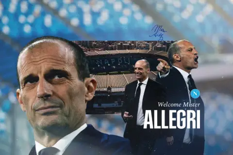 Max Allegri, nowy trener Napoli, w garniturze na tle stadionu.