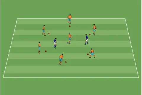 Fußballtraining mit mehreren Spielern und Hütchen auf einem grünen Feld. Dieses Setup hilft, die **Ausdauer verbessern in 2 Wochen** durch dynamische Übungen.