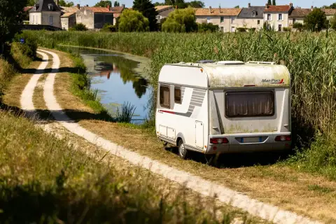 Caravane stationnée au bord d'un canal, dans le Marais Poitevin. Un chemin de terre serpente à travers l'herbe haute.