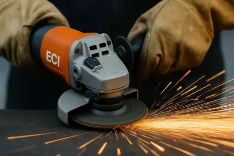 Ręce w rękawicach trzymają szlifierkę kątową ECI, z której sypią się iskry podczas pracy.