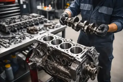 Mechanik montuje wałek rozrządu do bloku silnika. Zastanawiasz się, ile za wymianę silnika?
