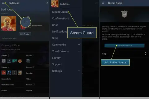 Gdzie zmienić hasło na Steam? Kliknij menu, wybierz Steam Guard, a następnie dodaj Authenticator.