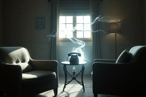 Sennik kłótnia z teściową: dymiący telefon na stoliku między fotelami, symbolizujący napiętą rozmowę.
